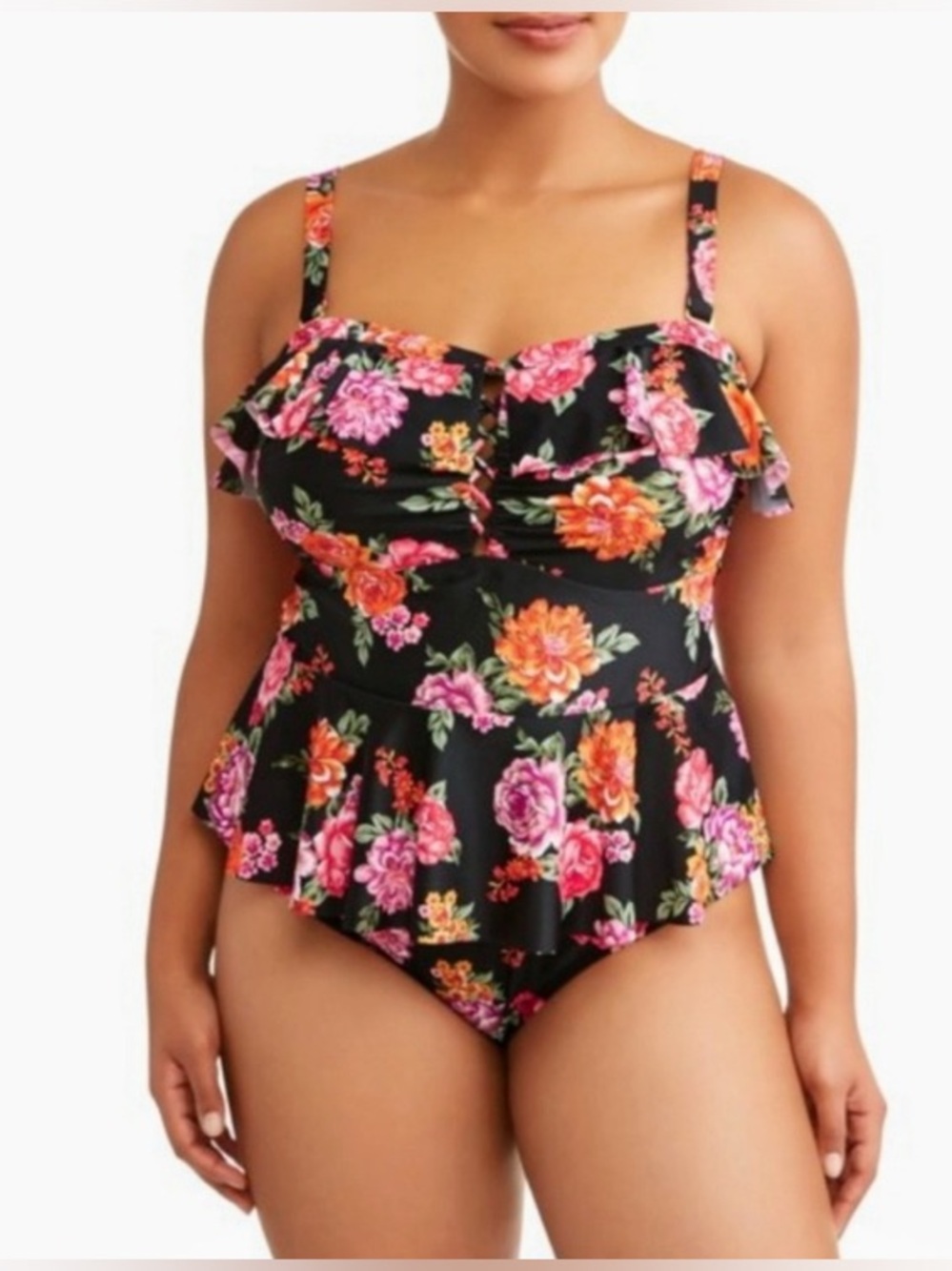 Terra & Sky Black Multicolor Floral Ruffle One-Piece Swimsuit, Women’s Size 14